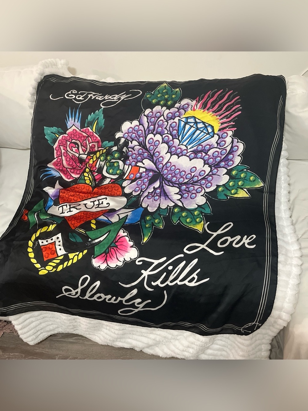 Ed Hardy large Black Floral art scarf brand new